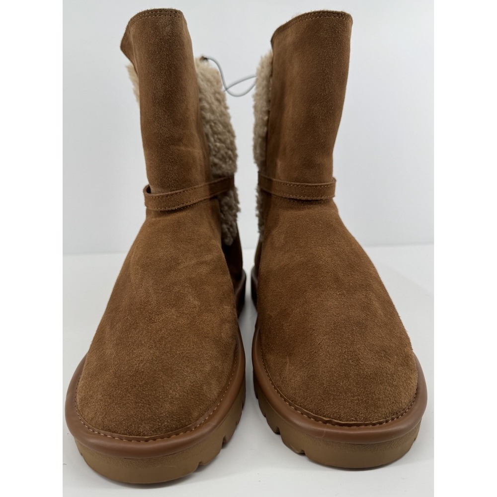 ZARA NWT Cozy Shearling Lined Suede Ankle Boots Chestnut Brown Moto Buckle Sz 9 - Picture 2 of 15
